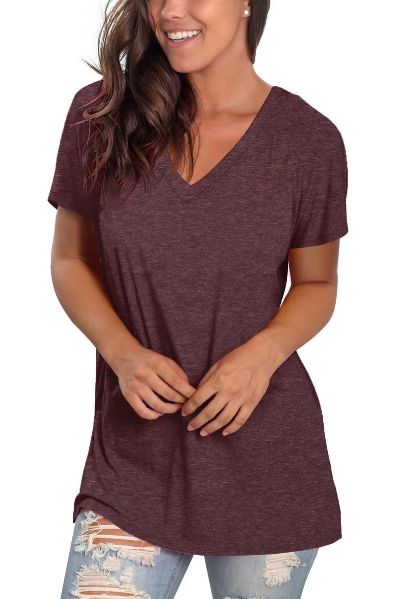 Sipaya Summer Tops for Women V Neck Short Sleeve T Shirts Basic Comfortable Blouses Brick Red S - Image 3
